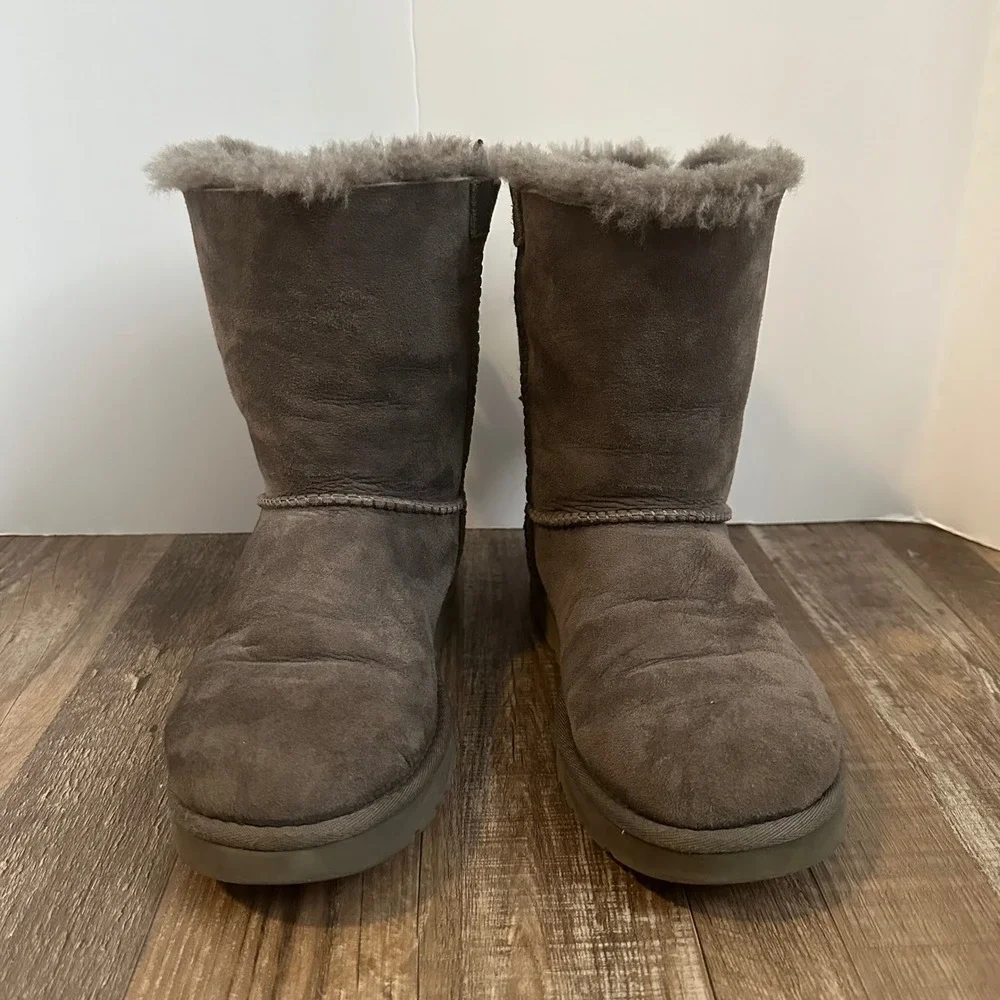UGG‎ Australia Bailey Bow II Grey Suede Mid Calf Boots Womens Double Bows